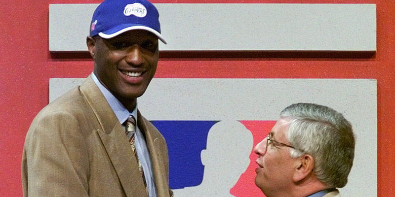 Rhode Island's Lamar Odom stands with NBA Commissioner David Stern after being selected fourth by the Los Angeles Clippers in the first round of the NBA Draft at the MCI Center in Washington, Wednesday, June 30, 1999. (AP Photo/Doug Mills)
