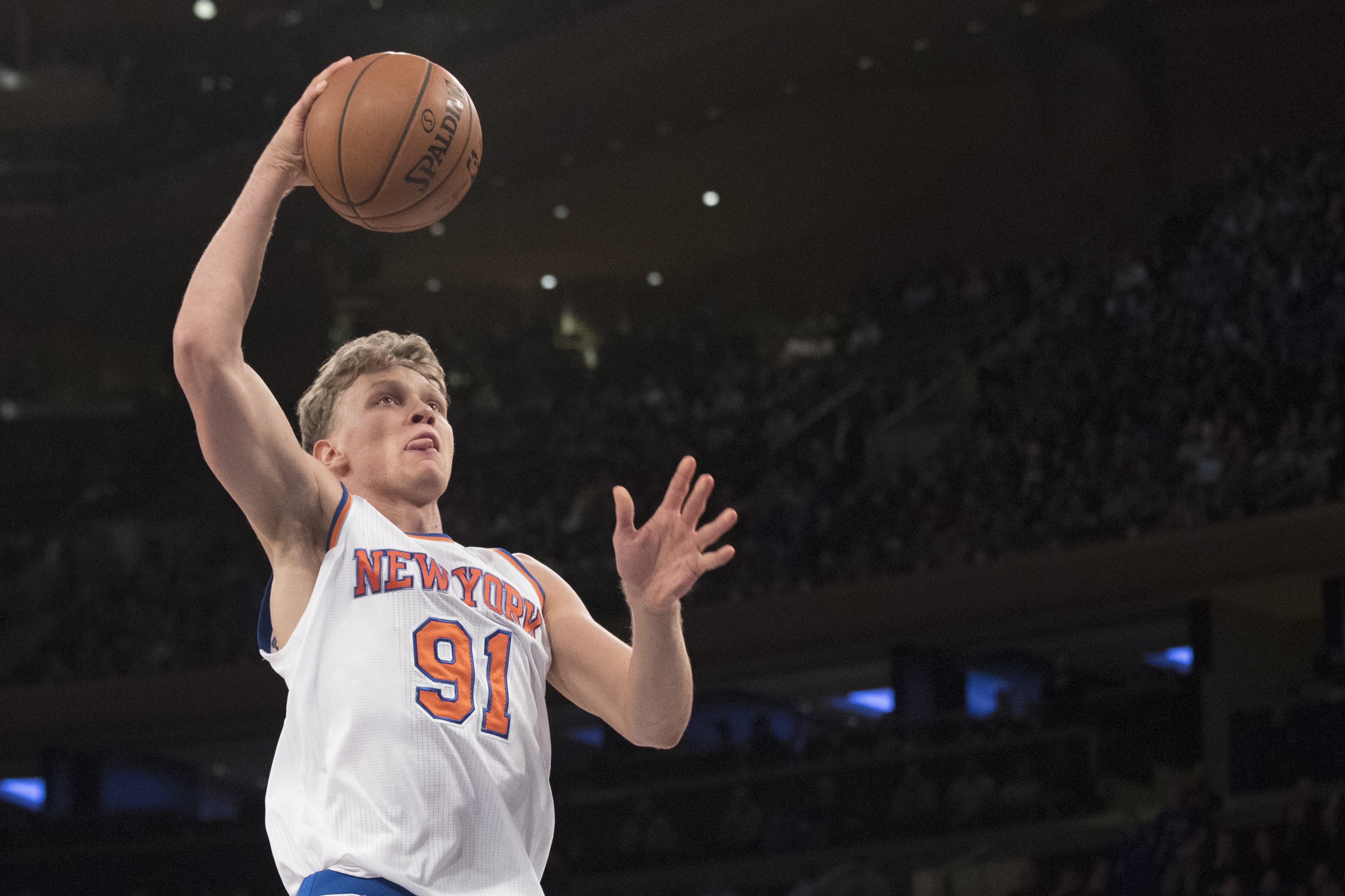 New York Knicks forward Mindaugas Kuzminskas goes to the basket during the second half of an NBA basketball game, Monday against the Dallas Mavericks, Nov. 14, 2016, at Madison Square Garden in New York. The Knicks won 93-77. (AP Photo/Mary Altaffer)