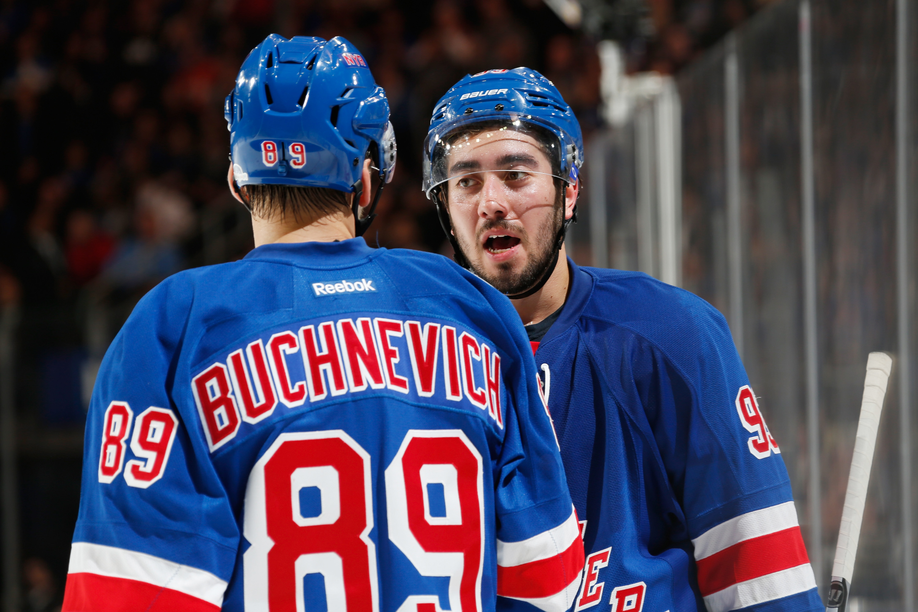 NEW YORK, NY - OCTOBER 13: Mika Zibanejad #93 and Pavel Buchnevich #89 of the New York Rangers talk during a break in the action against the New York Islanders at Madison Square Garden on October 13, 2016 in New York City. (Photo by Jared Silber/NHLI via Getty Images)