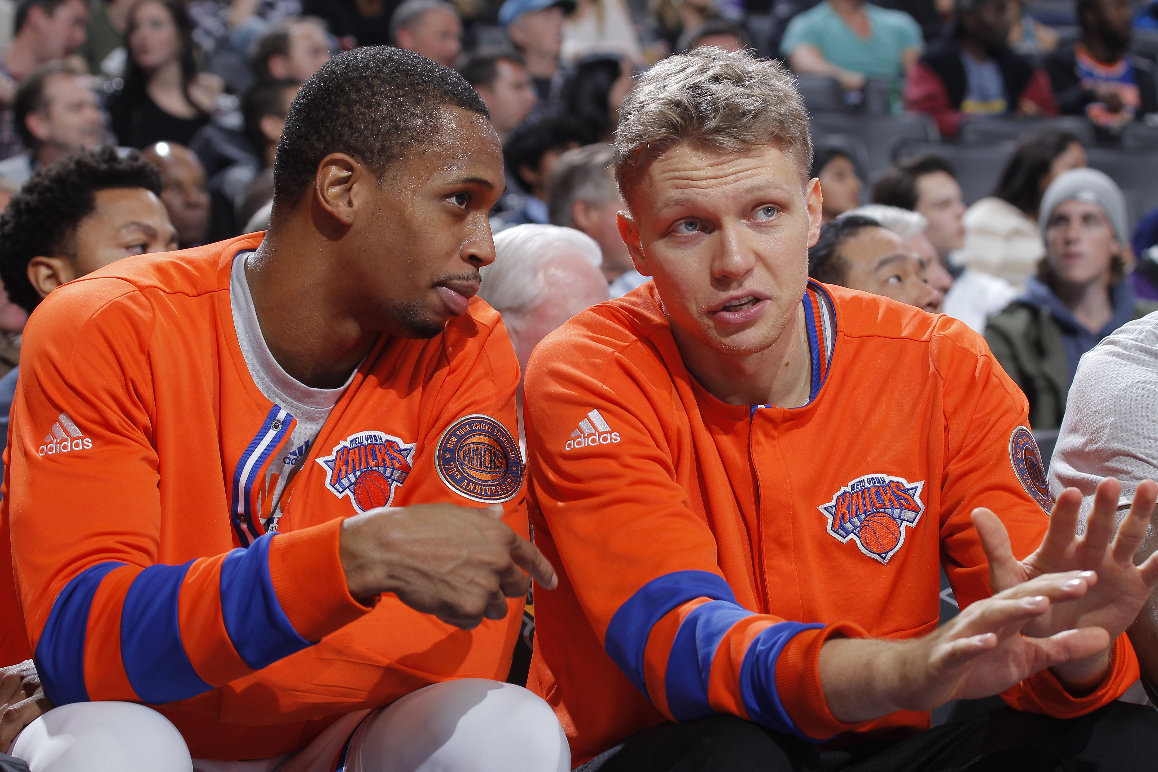SACRAMENTO, CA - DECEMBER 9: Lance Thomas #42 and Mindaugas Kuzminskas #91 of the New York Knicks talk during the game against the Sacramento Kings on December 9, 2016 at Golden 1 Center in Sacramento, California. NOTE TO USER: User expressly acknowledges and agrees that, by downloading and or using this photograph, User is consenting to the terms and conditions of the Getty Images Agreement. Mandatory Copyright Notice: Copyright 2016 NBAE (Photo by Rocky Widner/NBAE via Getty Images)