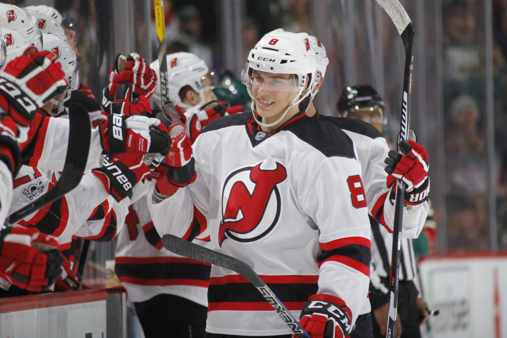 ST. PAUL, MN - JANUARY 17: Beau Bennett #8 of the New Jersey Devils celebrates after scoring a goal against the Minnesota Wild during the game on January 17, 2017 at the Xcel Energy Center in St. Paul, Minnesota. (Photo by Bruce Kluckhohn/NHLI via Getty Images)