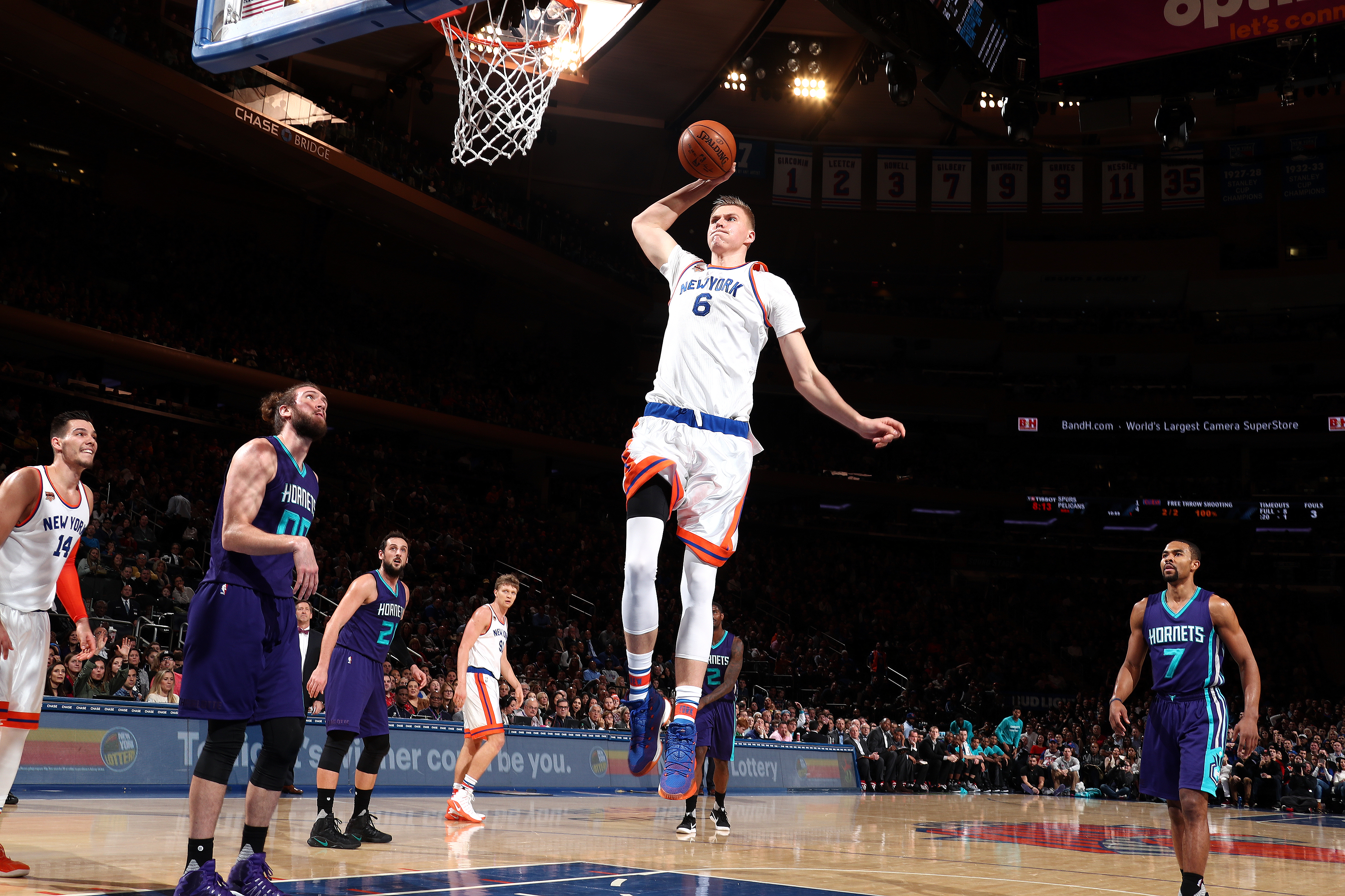 NEW YORK, NY - JANUARY 27: Kristaps Porzingis #6 of the New York Knicks goes for the dunk during the game against the Charlotte Hornets on January 27, 2017 at Madison Square Garden in New York City, New York. NOTE TO USER: User expressly acknowledges and agrees that, by downloading and or using this photograph, User is consenting to the terms and conditions of the Getty Images License Agreement. Mandatory Copyright Notice: Copyright 2017 NBAE (Photo by Nathaniel S. Butler/NBAE via Getty Images)