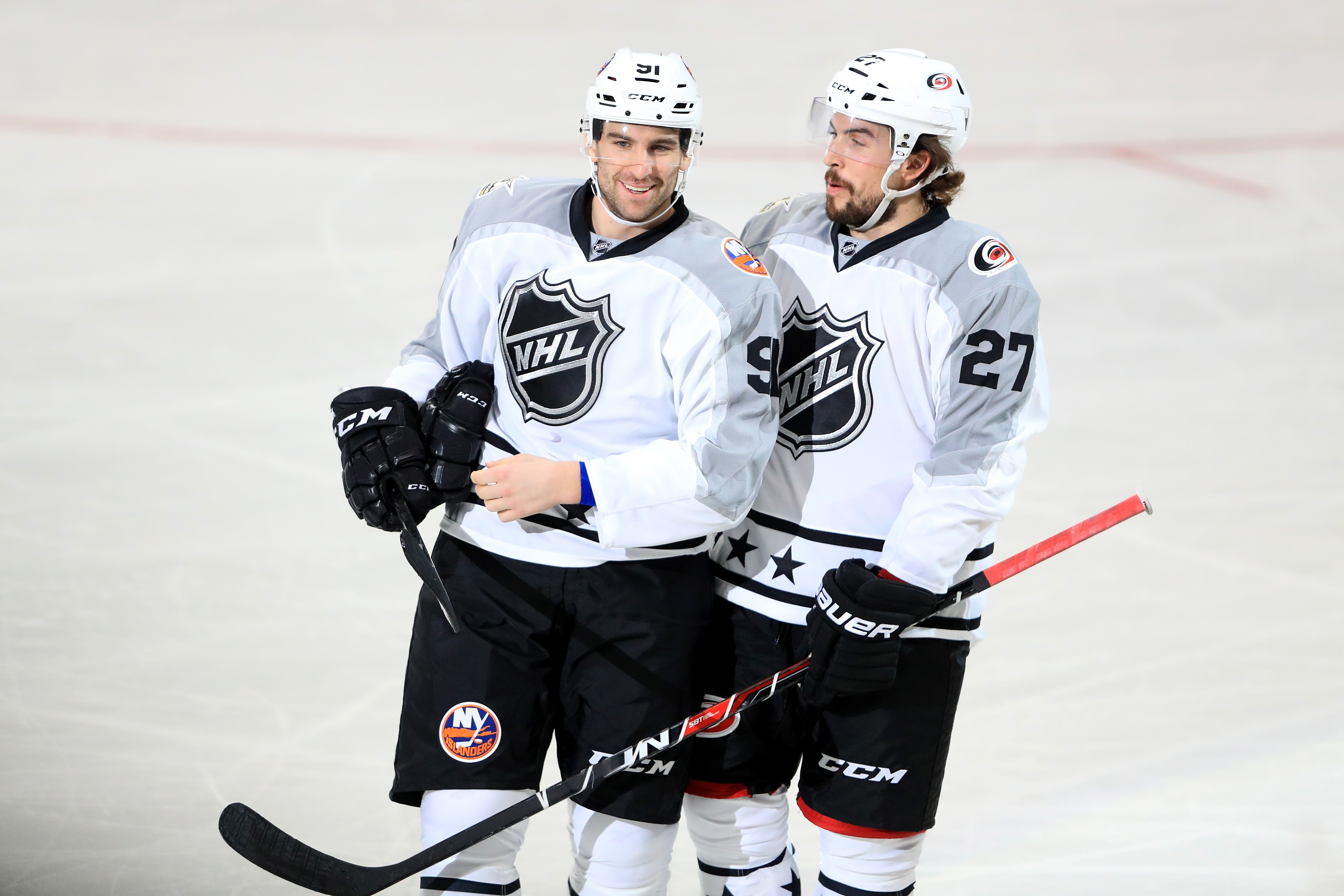 LOS ANGELES, CA - JANUARY 29: John Tavares #91 of the New York Islanders celebrates with Justin Faulk #27 of the Carolina Hurricanes after scoring a goal during the 2017 Honda NHL All-Star Game Semifinal #2 (Atlantic vs. Metropolitan) at Staples Center on January 29, 2017 in Los Angeles, California. (Photo by Sean M. Haffey/Getty Images)