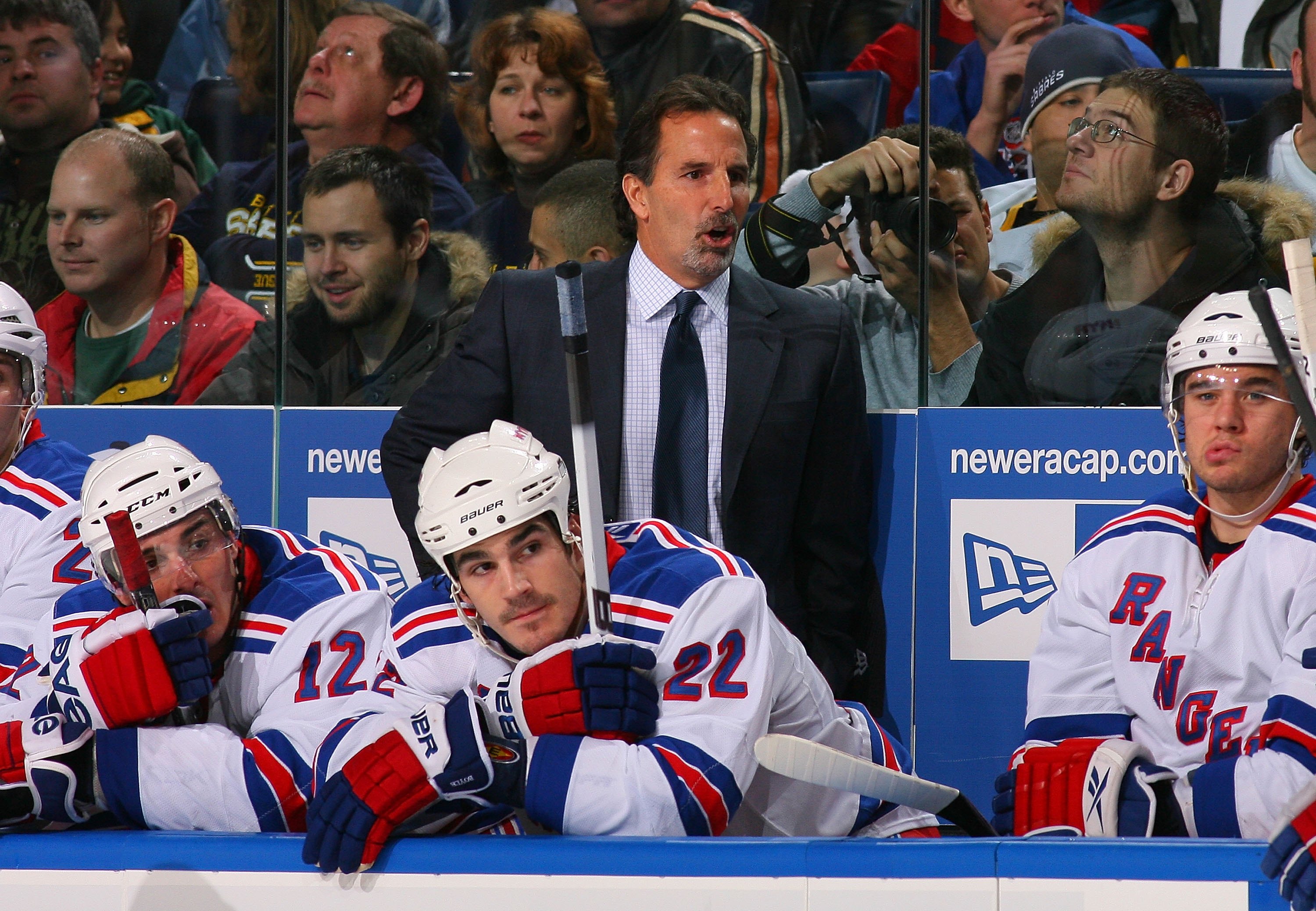 BUFFALO, NY - DECEMBER 05: Head coach John Tortorella and Brian Boyle #22 of the New York Rangers watch the play against the Buffalo Sabres on December 5, 2009 at HSBC Arena in Buffalo, New York. (Photo by Bill Wippert/NHLI via Getty Images)