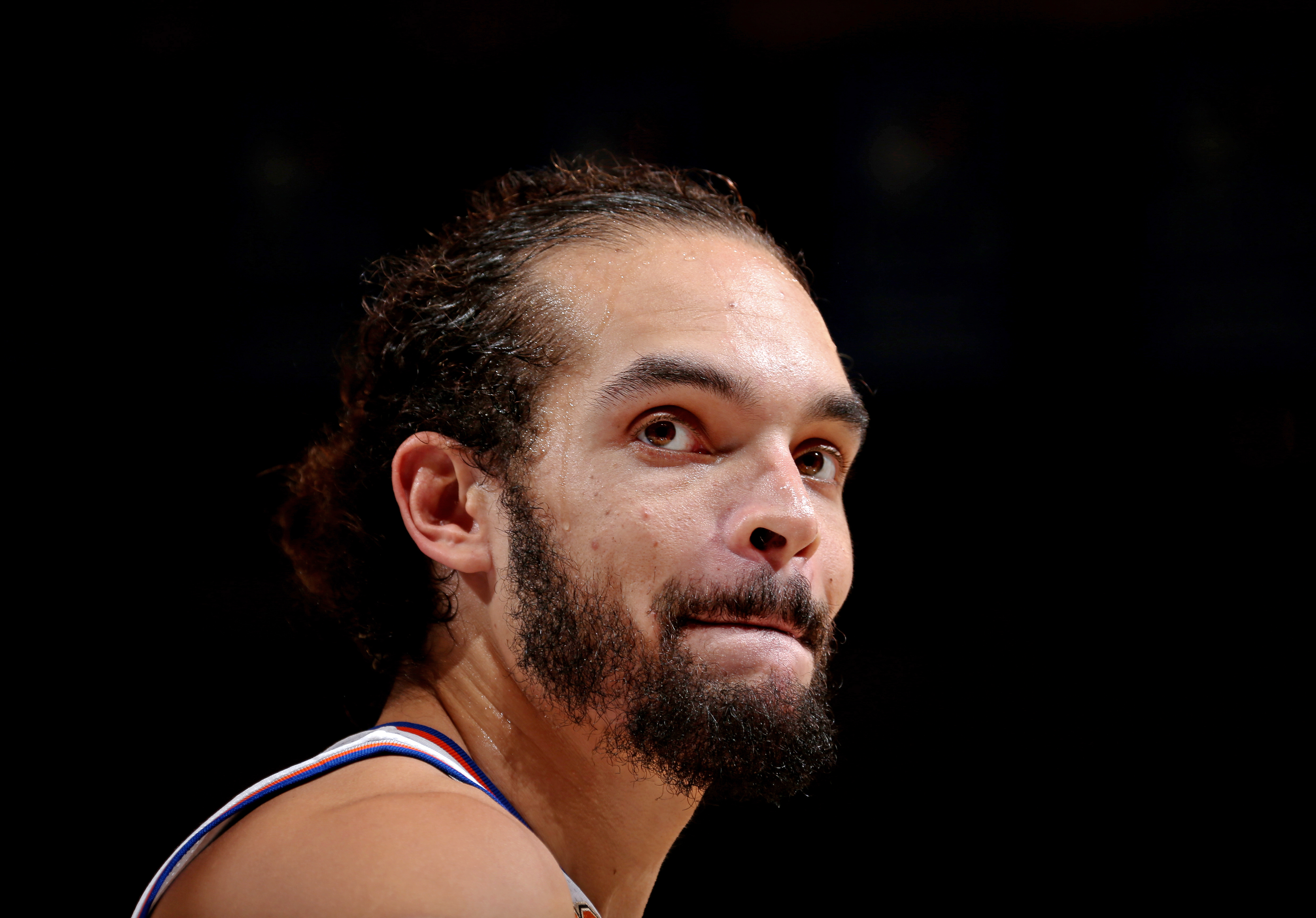 NEW YORK CITY - NOVEMBER 25: A close up shot of Joakim Noah #13 of the New York Knicks during the game against the Charlotte Hornets at Madison Square Garden in New York, New York. NOTE TO USER: User expressly acknowledges and agrees that, by downloading and/or using this Photograph, user is consenting to the terms and conditions of the Getty Images License Agreement. Mandatory Copyright Notice: Copyright 2016 NBAE (Photo by Nathaniel S. Butler/NBAE via Getty Images)