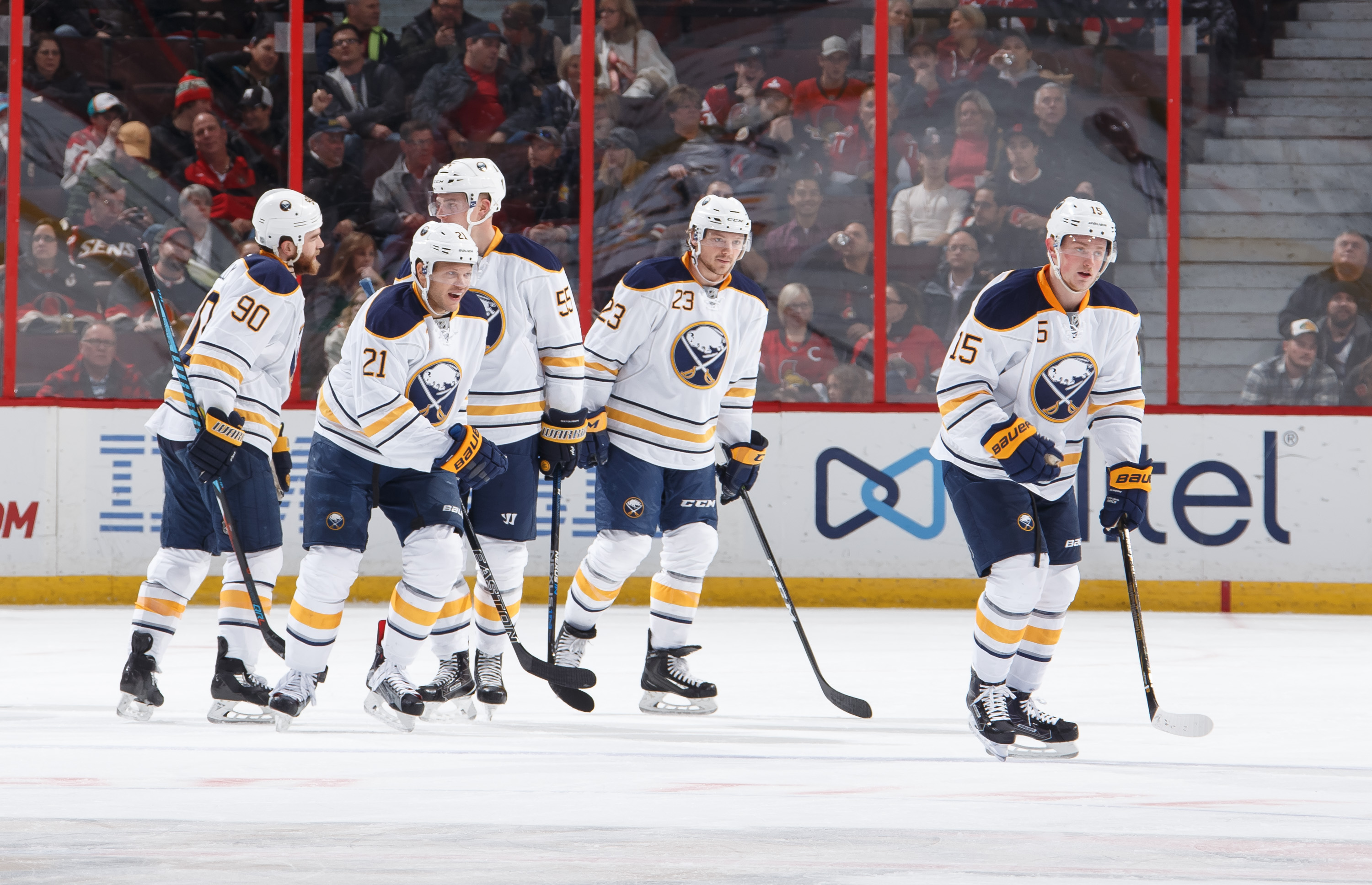 OTTAWA, ON - NOVEMBER 29: Jack Eichel #15 of the Buffalo Sabres celebrates a goal against the Ottawa Senators with teammates Ryan O'Reilly #90, Kyle Okposo #21, Rasmus Ristolainen #55 and Sam Reinhart #23 at Canadian Tire Centre on November 29, 2016 in Ottawa, Ontario, Canada. (Photo by Andre Ringuette/NHLI via Getty Images)