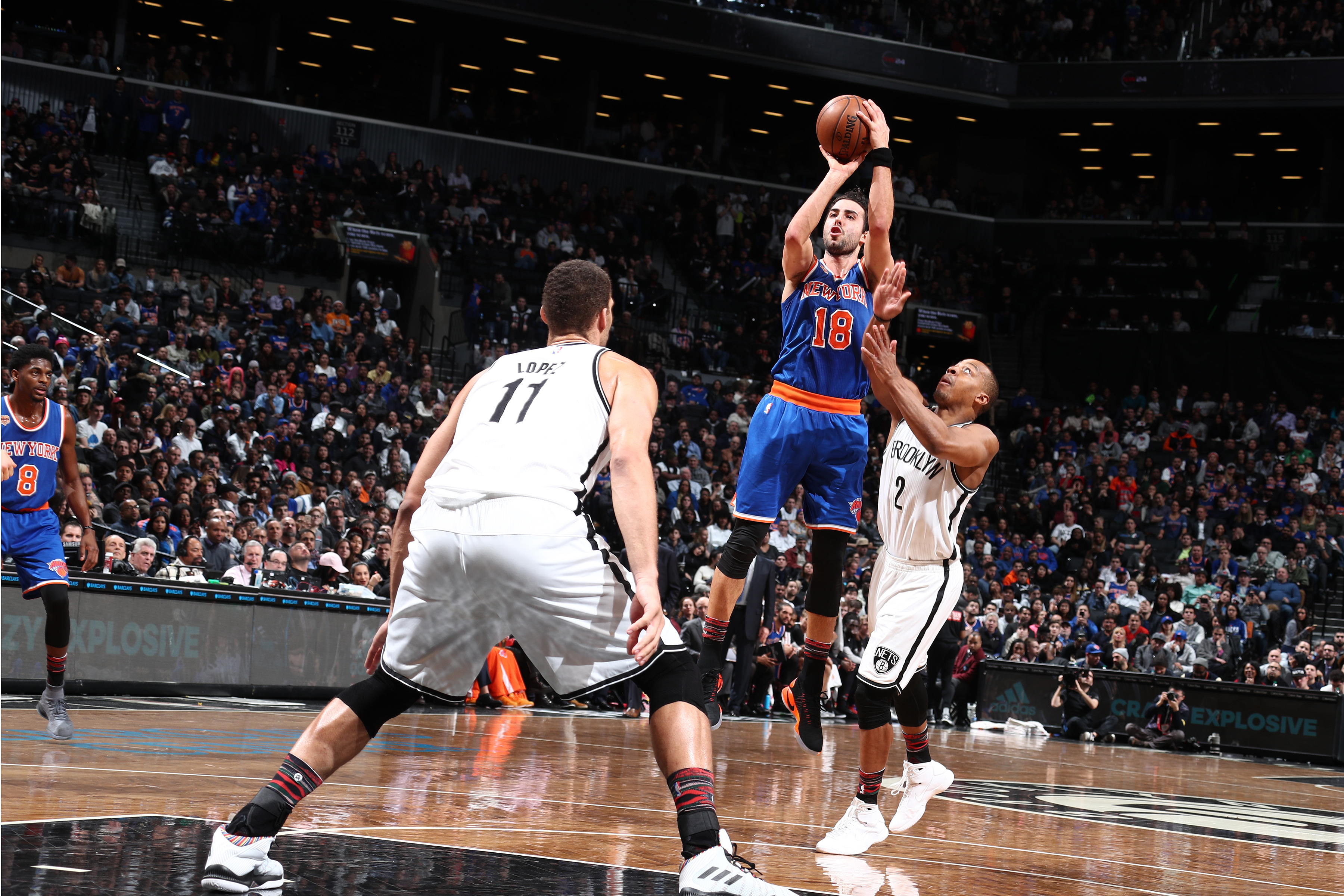 BROOKLYN, NY - FEBRUARY 1: Sasha Vujacic #18 of the New York Knicks shoots the ball against the Brooklyn Nets during the game on February 1, 2017 at Barclays Center in Brooklyn, New York. NOTE TO USER: User expressly acknowledges and agrees that, by downloading and or using this Photograph, user is consenting to the terms and conditions of the Getty Images License Agreement. Mandatory Copyright Notice: Copyright 2017 NBAE (Photo by Nathaniel S. Butler/NBAE via Getty Images)