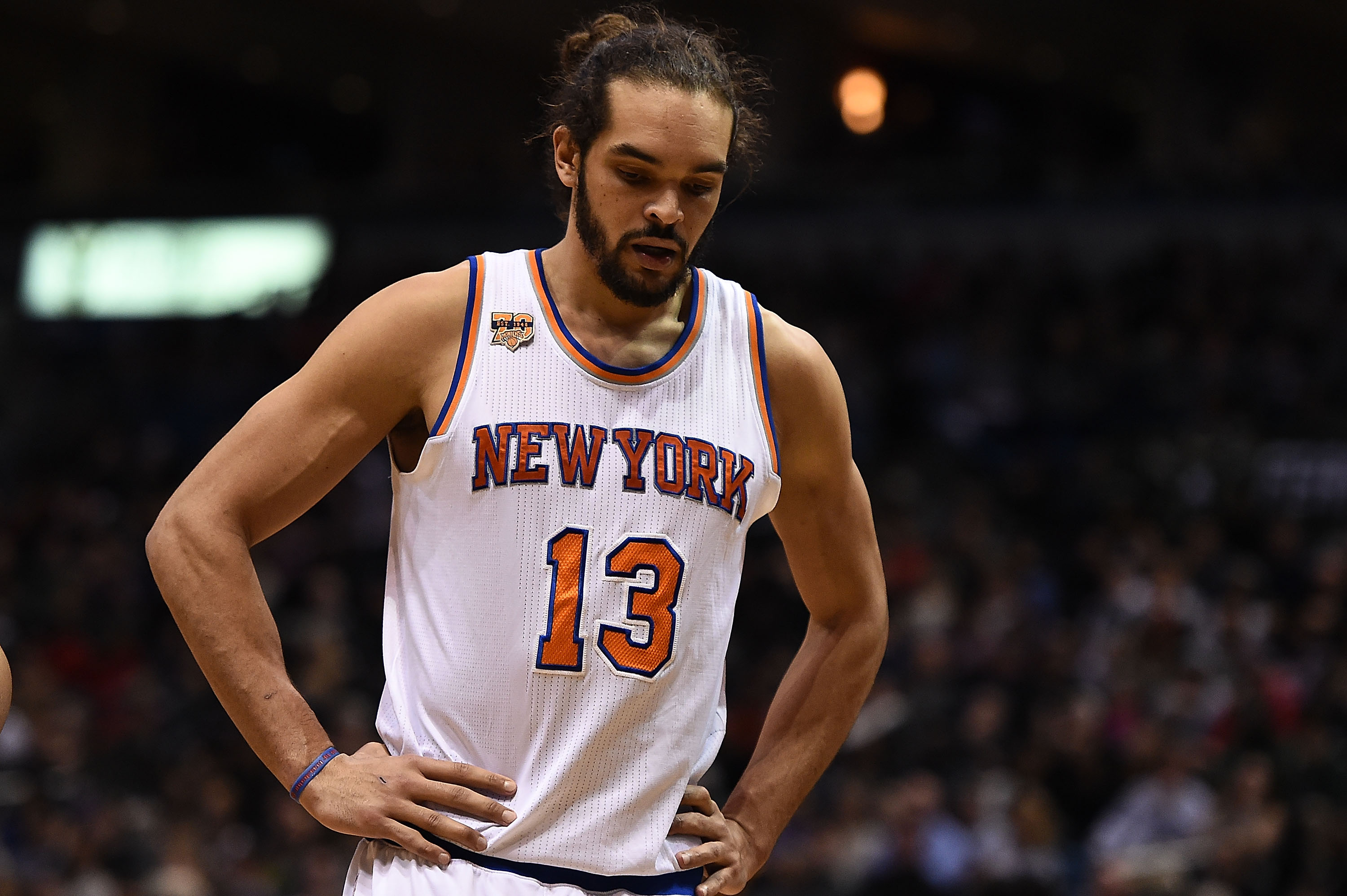 MILWAUKEE, WI - JANUARY 06: Joakim Noah #13 of the New York Knicks reacts to an officials call during a game against the Milwaukee Bucks at BMO Harris Bradley Center on January 6, 2017 in Milwaukee, Wisconsin. NOTE TO USER: User expressly acknowledges and agrees that, by downloading and or using this photograph, User is consenting to the terms and conditions of the Getty Images License Agreement. (Photo by Stacy Revere/Getty Images)