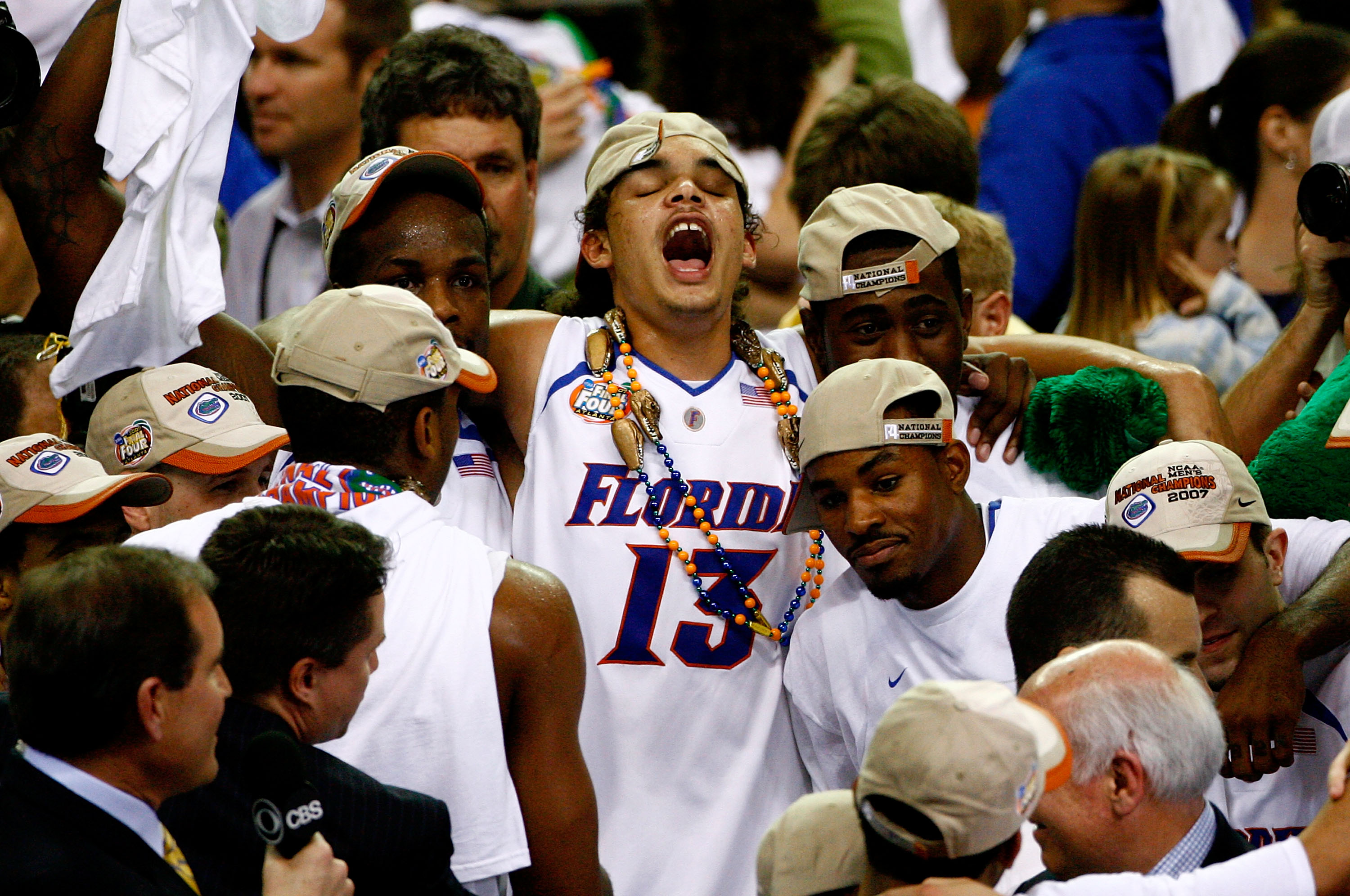 ATLANTA - APRIL 02: Joakim Noah and his Florida Gators celebrate after defeating the Ohio State Buckeyes during the NCAA Men's Basketball Championship game at the Georgia Dome on April 2, 2007 in Atlanta, Georgia. (Photo by Win McNamee/Getty Images)