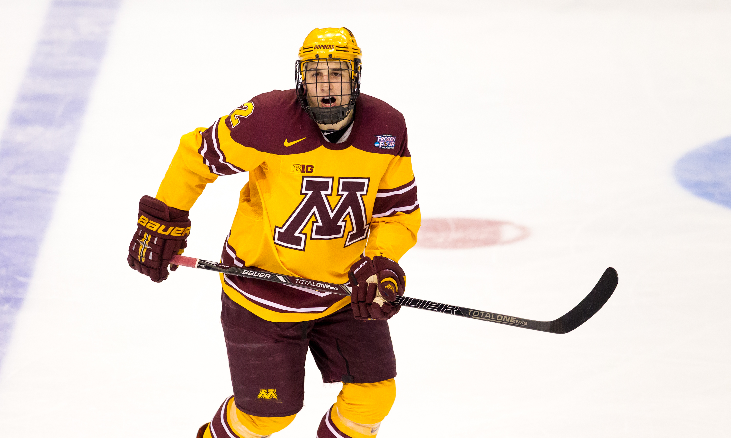 PHILADELPHIA, PA - APRIL 10: Brady Skjei #2 of the Minnesota Golden Gophers yells up ice against North Dakota during the NCAA Division I Men's Ice Hockey Frozen Four Championship Semifinal at the Wells Fargo Center on April 10, 2014 in Philadelphia, Pennsylvania. (Photo by Richard T Gagnon/Getty Images)