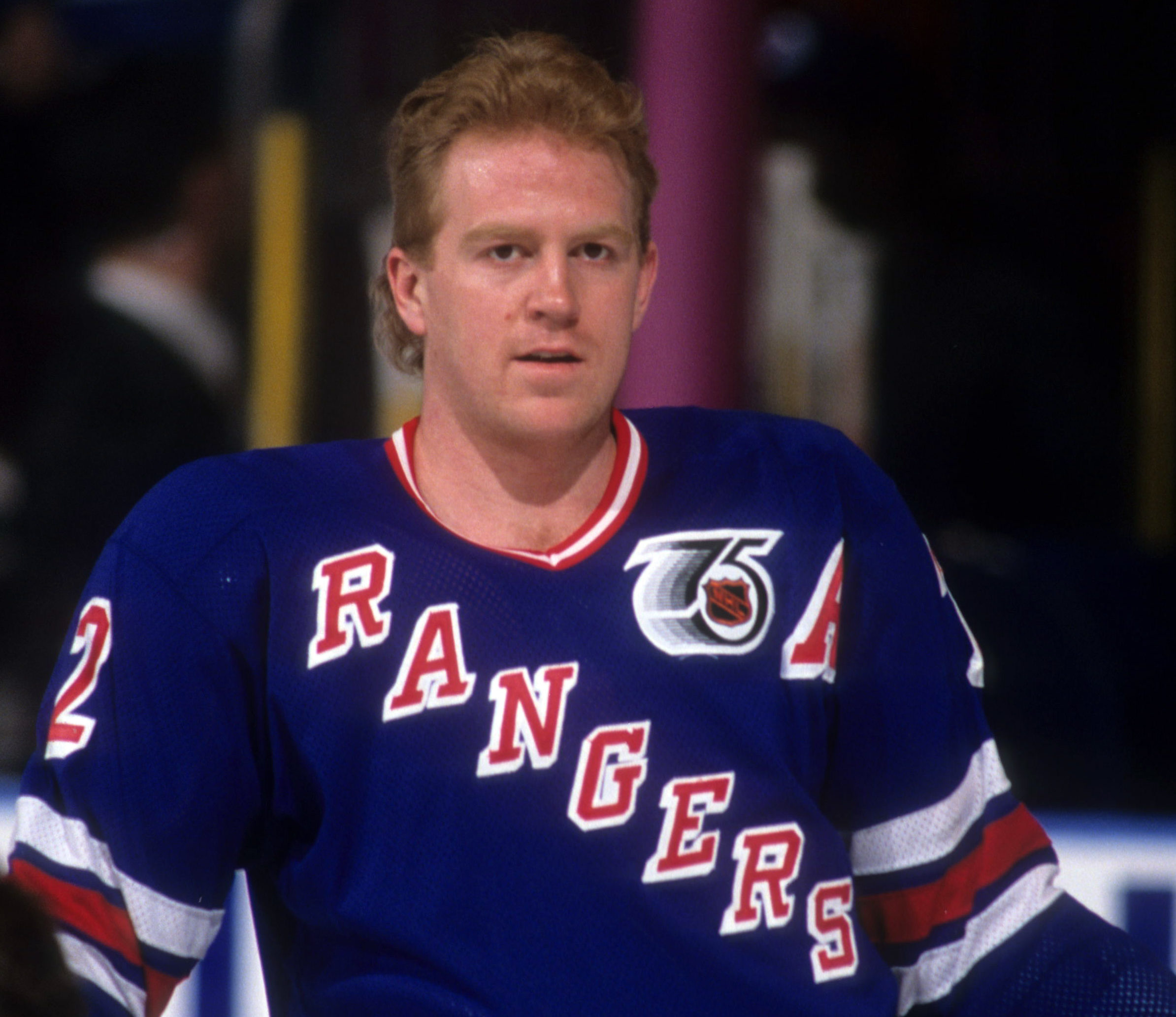 NEW YORK, NY - 1992: Brian Leetch #2 of the New York Rangers skates on the ice before an NHL game in 1992 at the Madison Square Garden in New York, New York. (Photo by B Bennett/Getty Images)