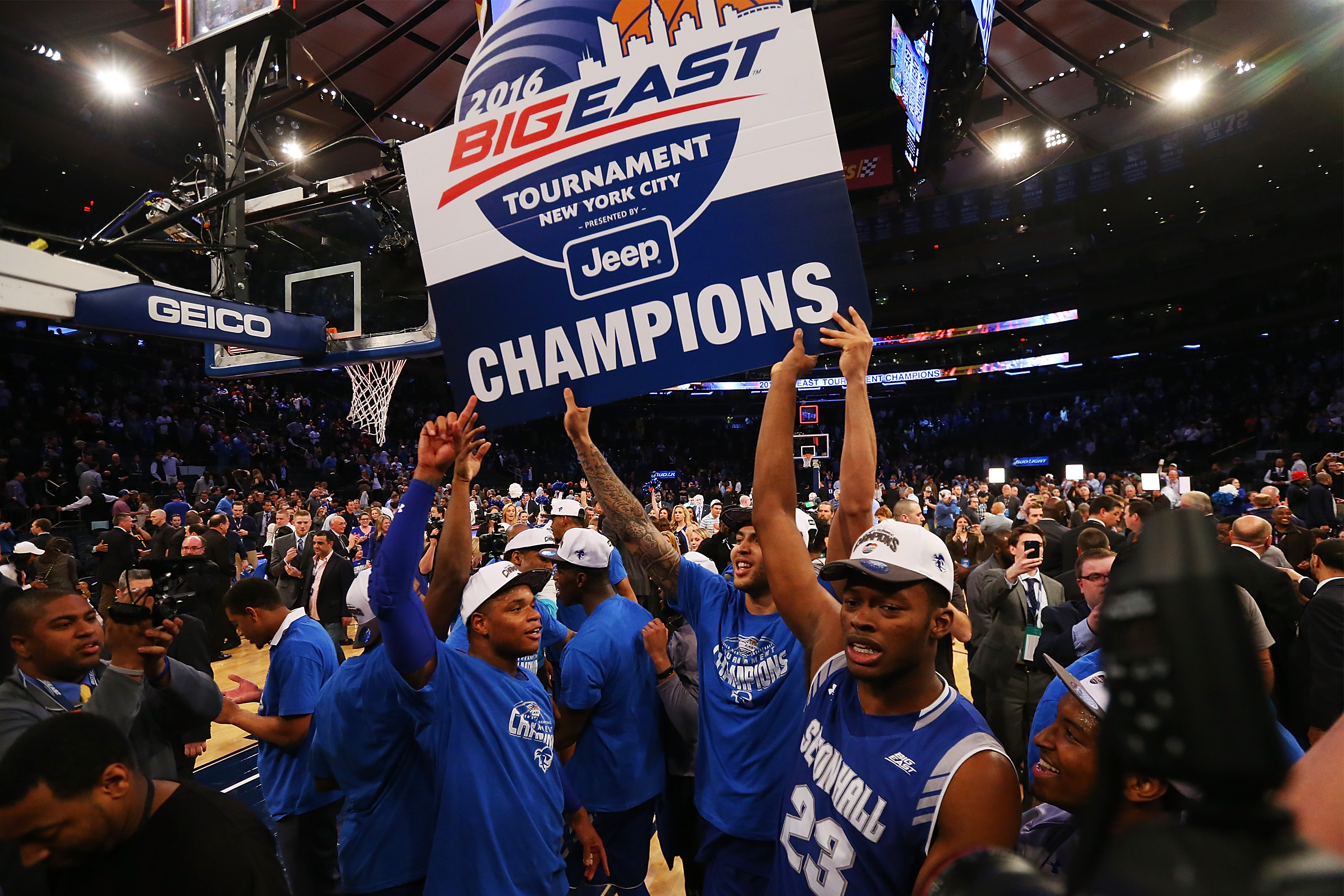 NEW YORK, NY - MARCH 12: Seton Hall Pirates celebrates after defeating the Villanova Wildcats to win the Big East Basketball Tournament Championship at Madison Square Garden on March 12, 2016 in New York City. Seton Hall Pirates defeated Villanova Wildcats 69-67. (Photo by Mike Stobe/Getty Images)