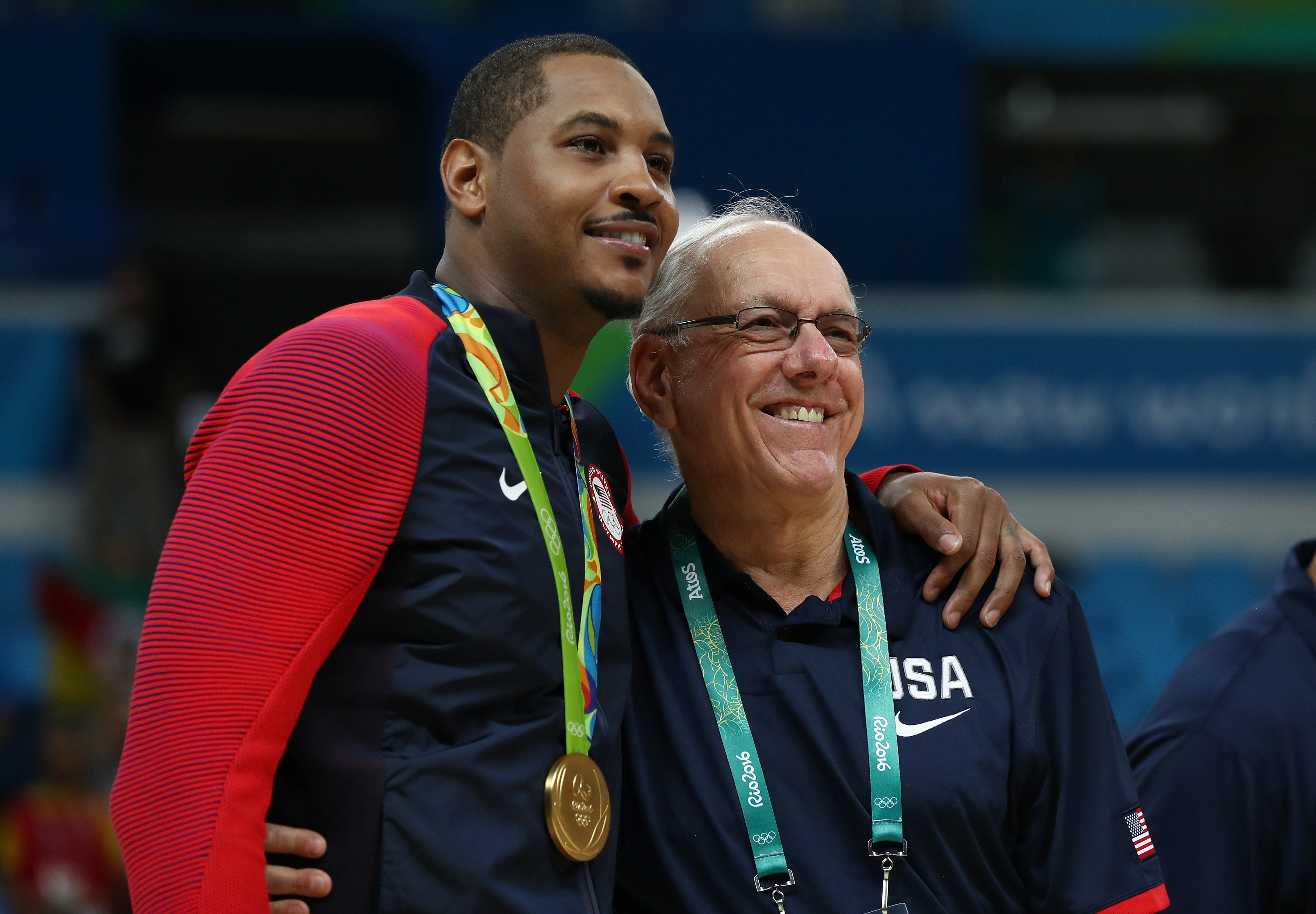 RIO DE JANEIRO, BRAZIL - AUGUST 21: Carmelo Anthony #15 of the United States poses with Team USA assistant coach Jim Boeheim after defeating Serbia in the Men's Gold medal game on Day 16 of the Rio 2016 Olympic Games at Carioca Arena 1 on August 21, 2016 in Rio de Janeiro, Brazil. (Photo by Elsa/Getty Images)
