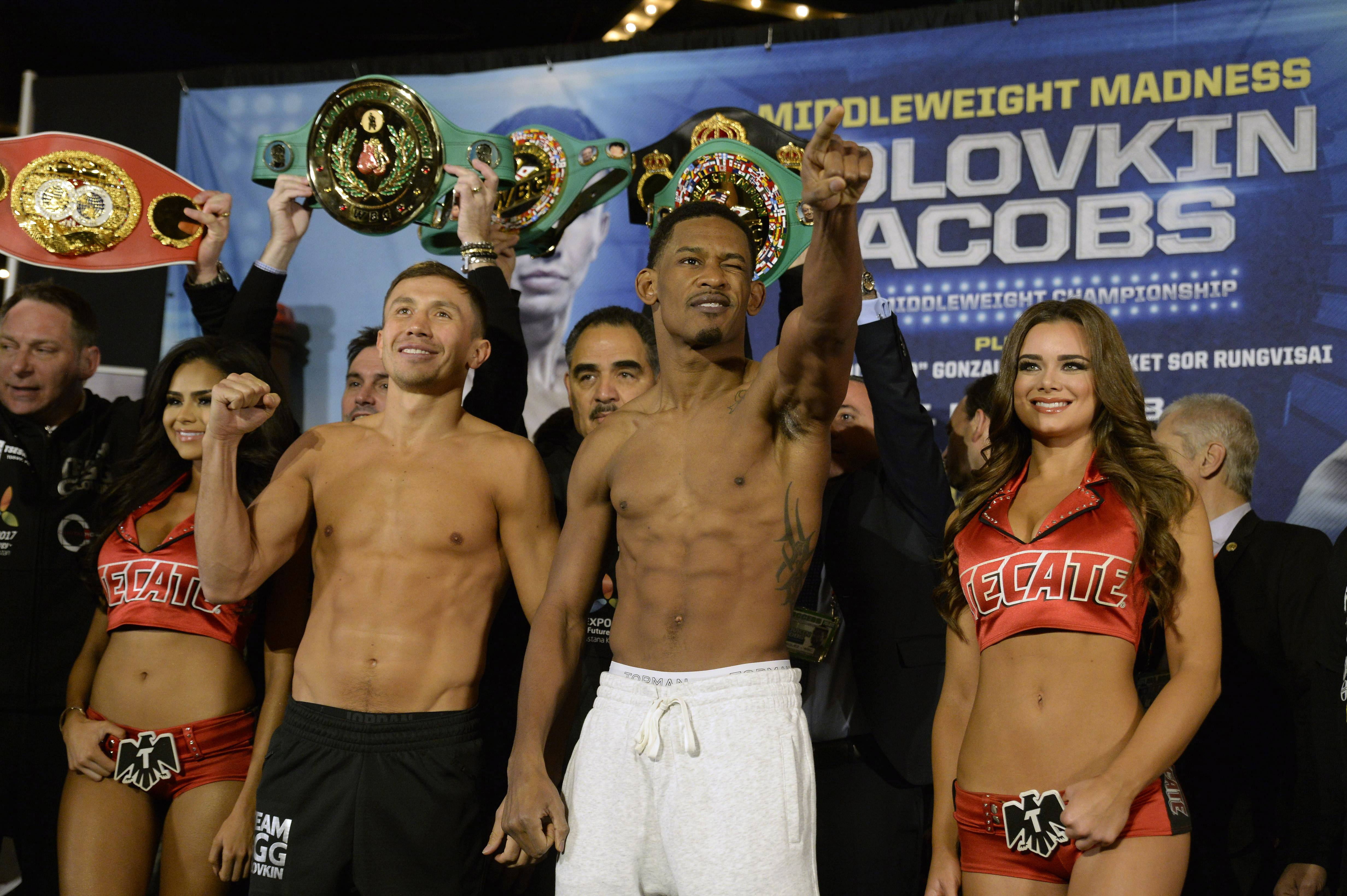 NEW YORK, NY - MARCH 17: Gennady Golovkin and Daniel Jacobs poses for photos during the weigh-in on March 17, 2017 at the Theater at Madison Square Garden in New York City, New York. (Photo by Williams Paul/Icon Sportswire via Getty Images)