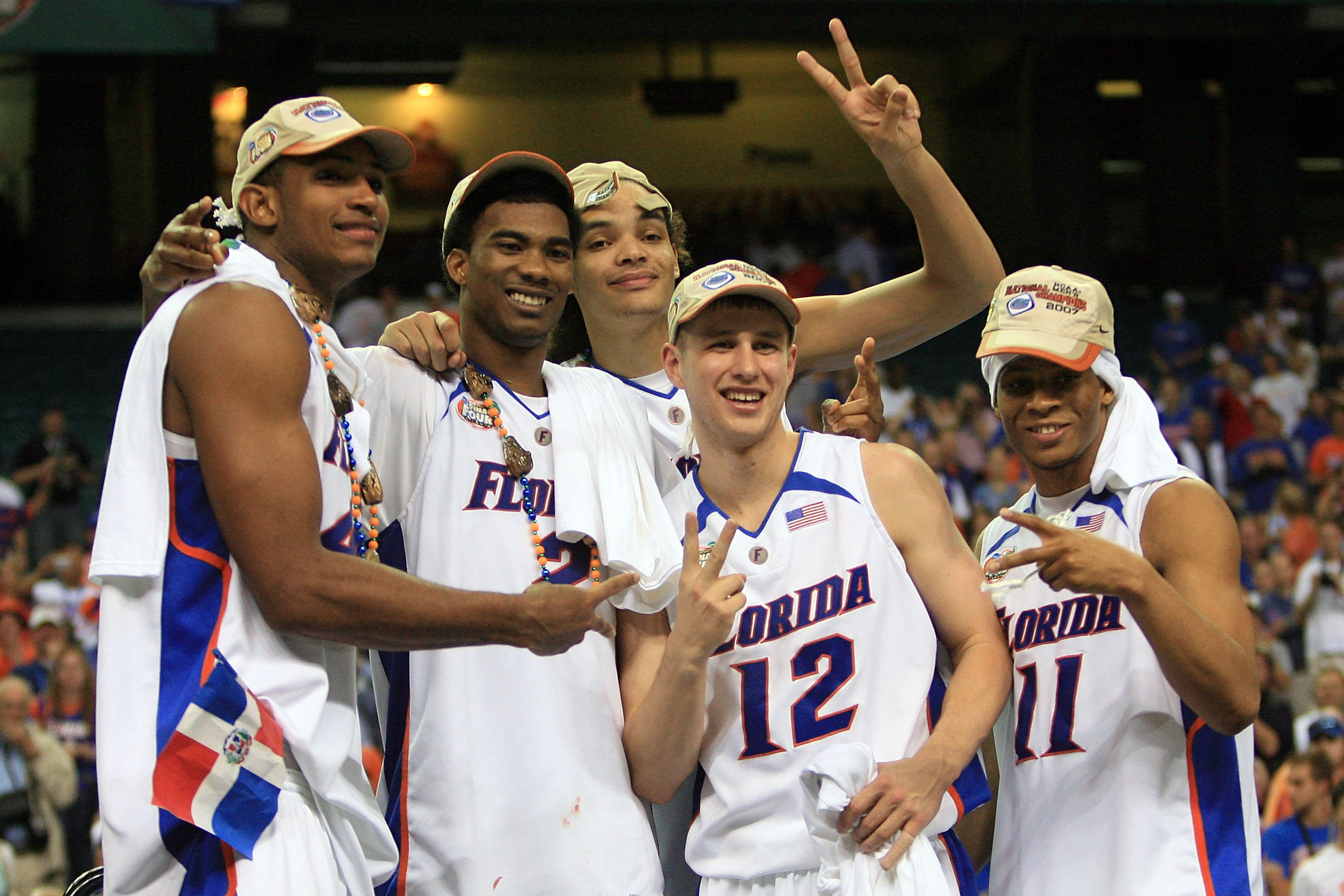 ATLANTA - APRIL 02: Al Horford #42, Taurean Green #11, Joakim Noah #13, Lee Humphrey #12 and Corey Brewer #2 of the Florida Gators celerate after defeating the Ohio State Buckeyes during the NCAA Men's Basketball Championship game at the Georgia Dome on April 2, 2007 in Atlanta, Georgia. (Photo by Streeter Lecka/Getty Images)