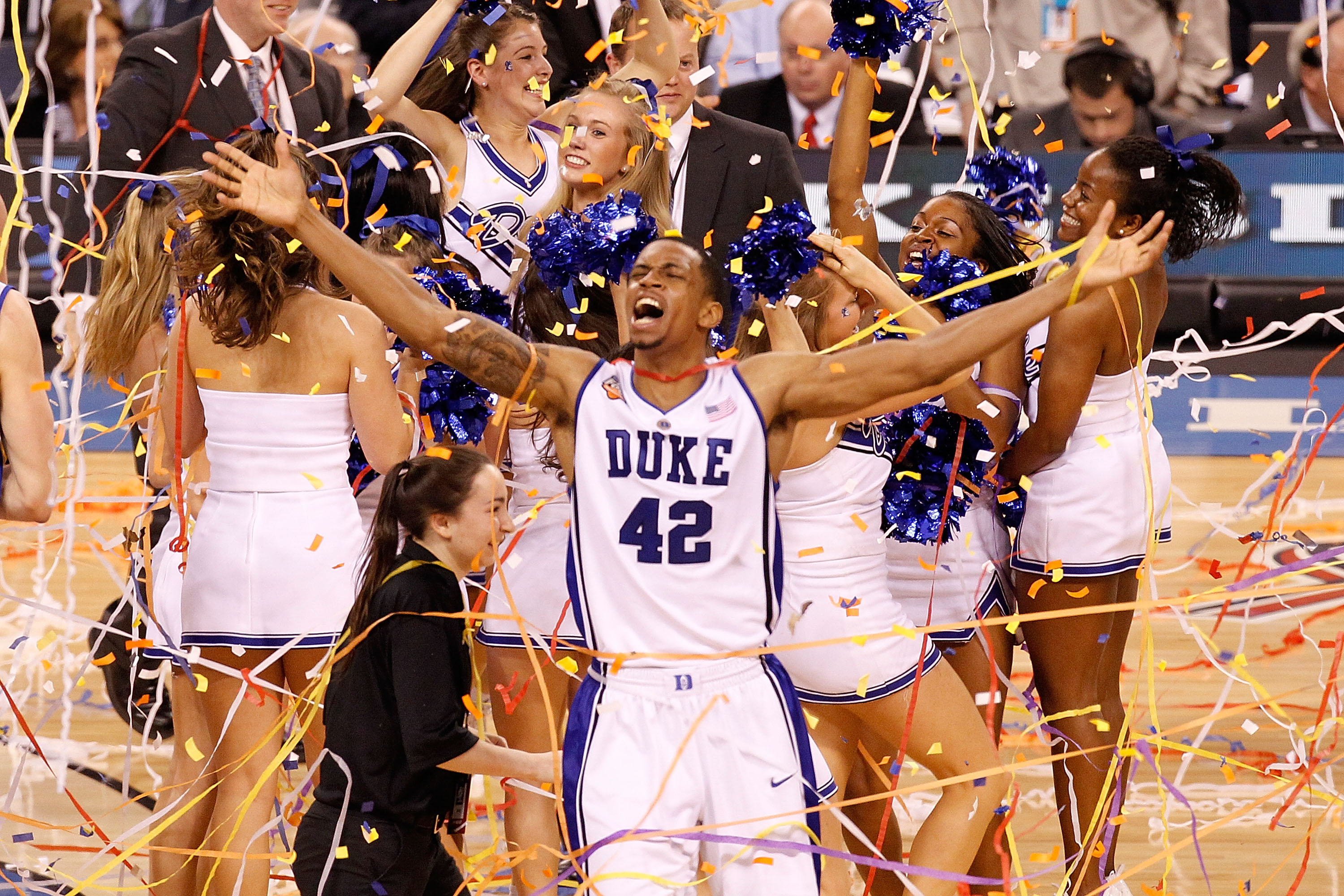 INDIANAPOLIS - APRIL 05: Lance Thomas #42 of the Duke Blue Devils celebrates after the Blue Devils defeat the Butler Bulldogs 61-59 in the 2010 NCAA Division I Men's Basketball National Championship game at Lucas Oil Stadium on April 5, 2010 in Indianapolis, Indiana. (Photo by Kevin C. Cox/Getty Images)