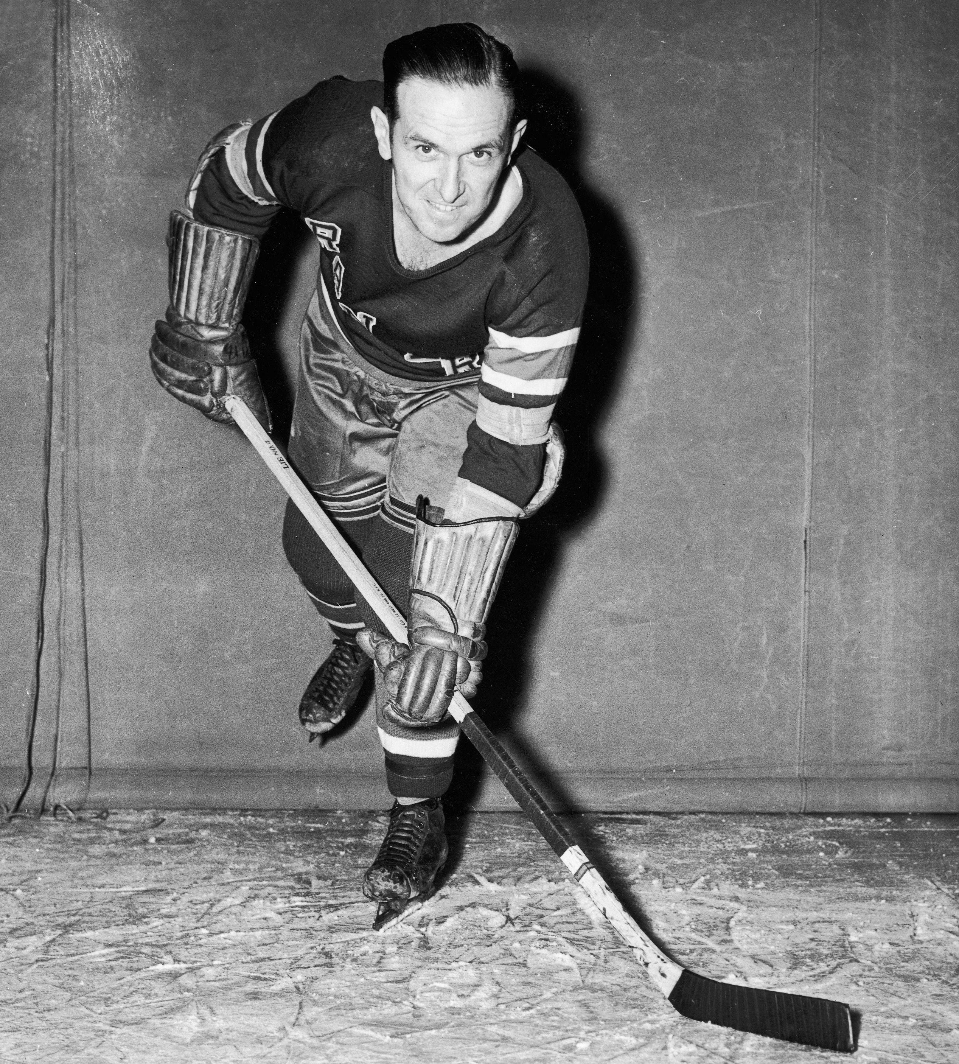 Canadian professional ice hockey player and coach Frank Boucher (1901 - 1977) of the New York Rangers practices on the ice before a game, Madison Square Garden, New York, November 11, 1943. Boucher returned to play while he was coach during World War Two because so much of the team had been drafted into the armed forces. (Photo by Bruce Bennett Studios/Getty Images)