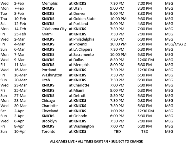 New York Knicks Schedule 2023