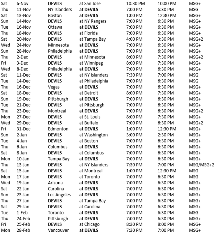 new jersey devils schedule