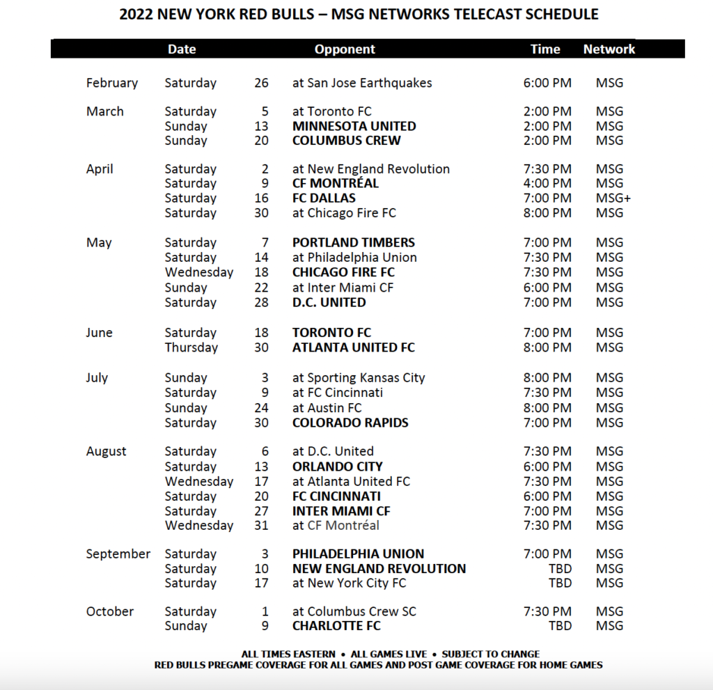Msg Schedule 2022 Msg Networks Announces 2022 New York Red Bulls Telecast Schedule -  Msgnetworks.com