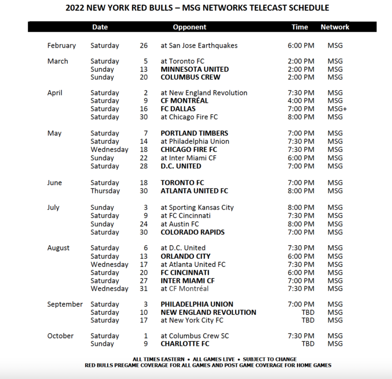 MSG NETWORKS ANNOUNCES 2022 NEW YORK RED BULLS TELECAST SCHEDULE